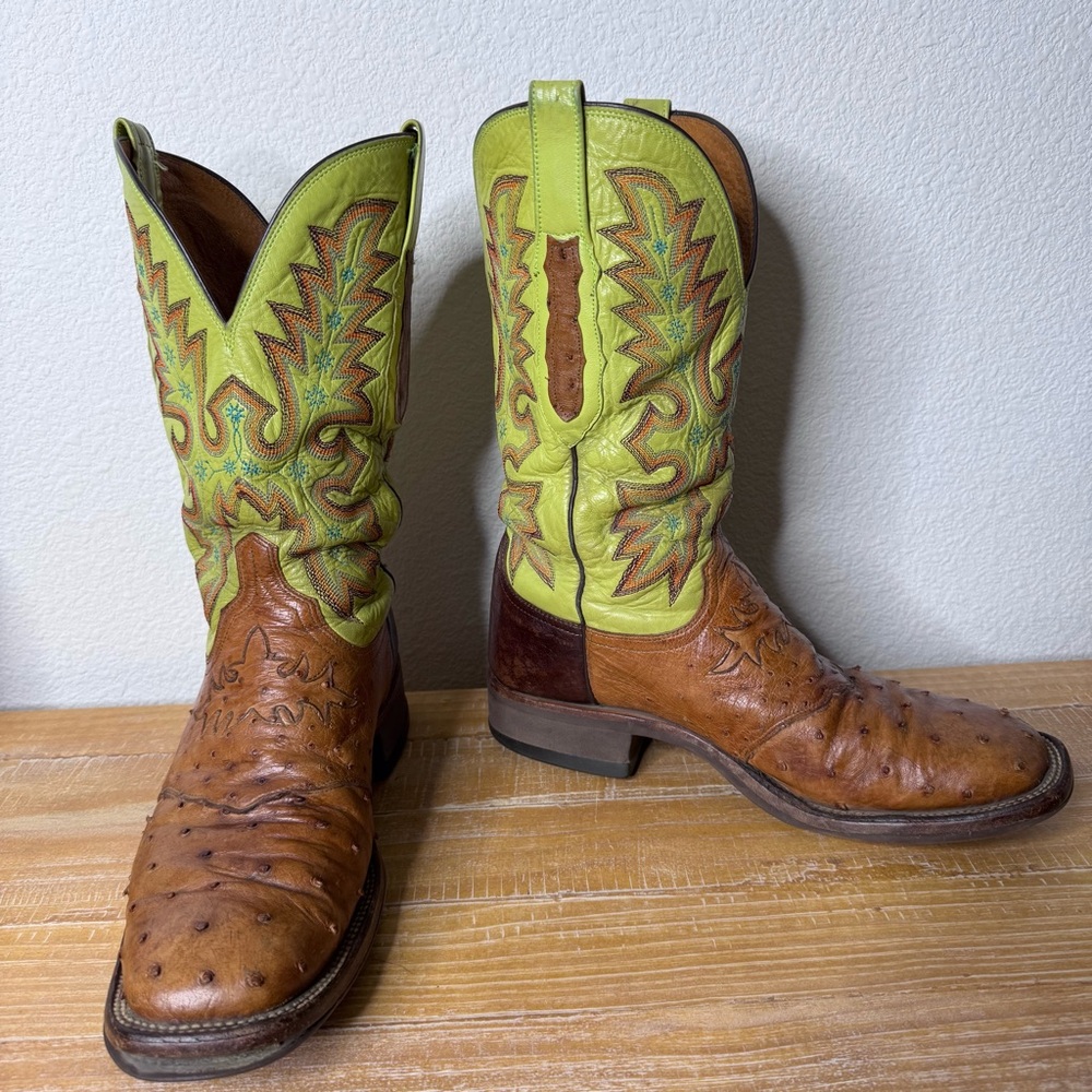 Lucchese Men Exotic Ostrich Rudy Embroidery Round Toe Boots mid-calf length 9.5D